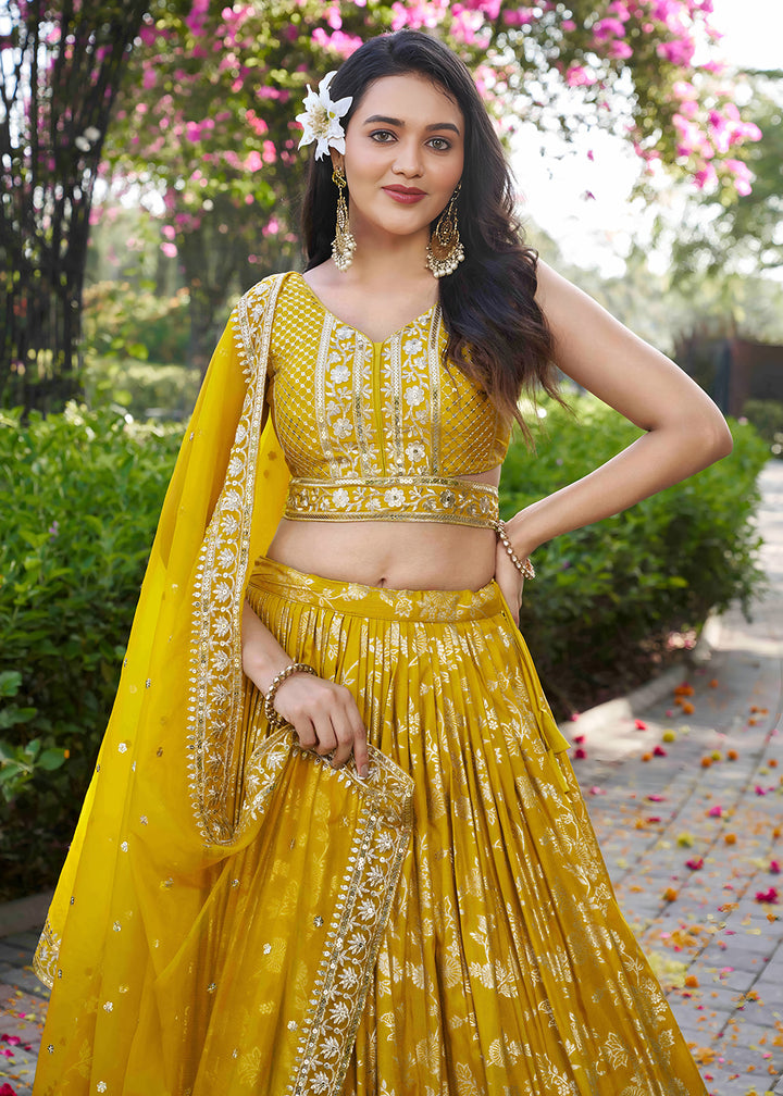 Buy Now Yellow Dola Silk Jacquard Festive Party Lehenga Choli Online in USA, UK, Canada, France, Italy, Germany, Australia, UAE & Worldwide at Empress Clothing.