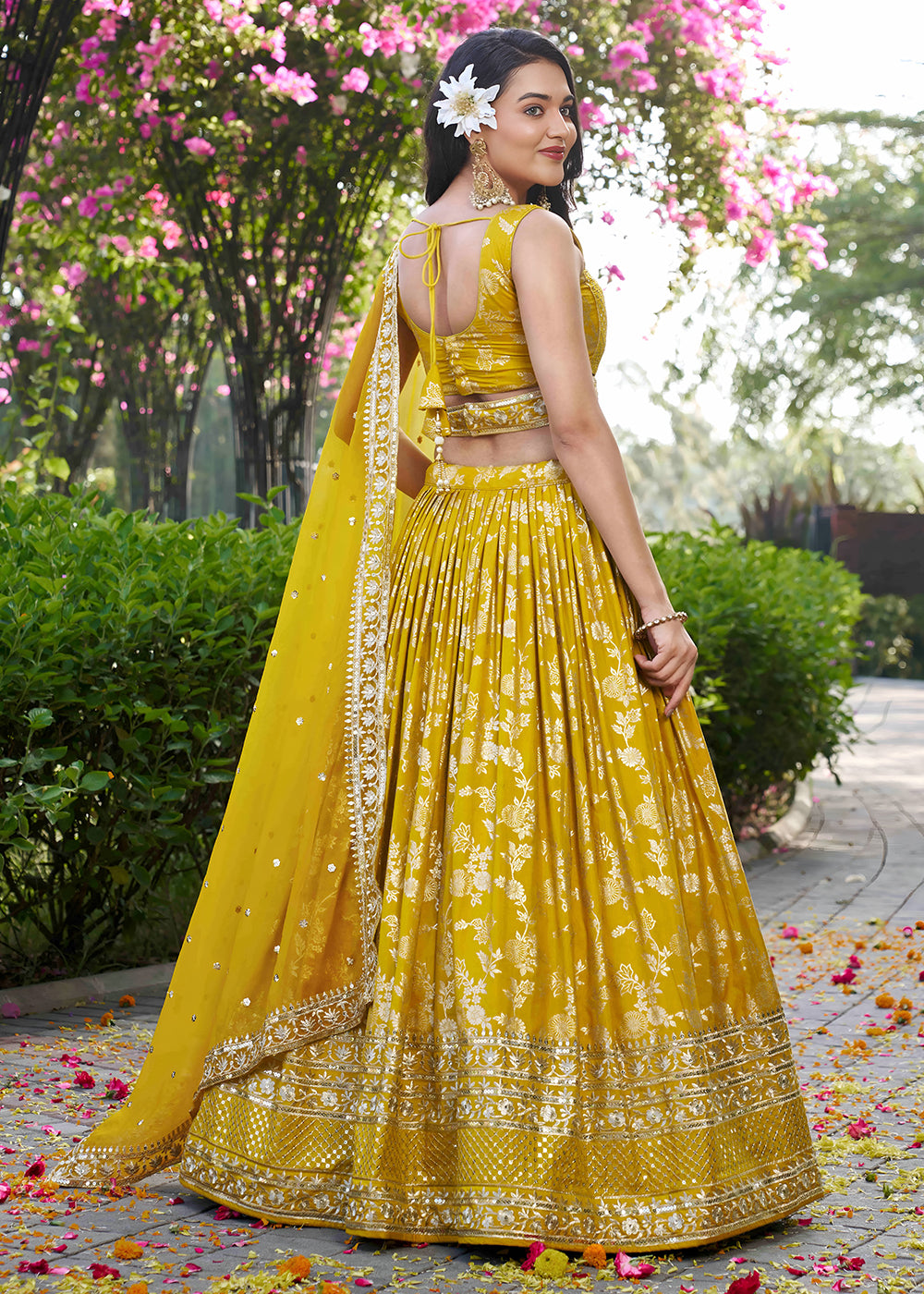 Buy Now Yellow Dola Silk Jacquard Festive Party Lehenga Choli Online in USA, UK, Canada, France, Italy, Germany, Australia, UAE & Worldwide at Empress Clothing.