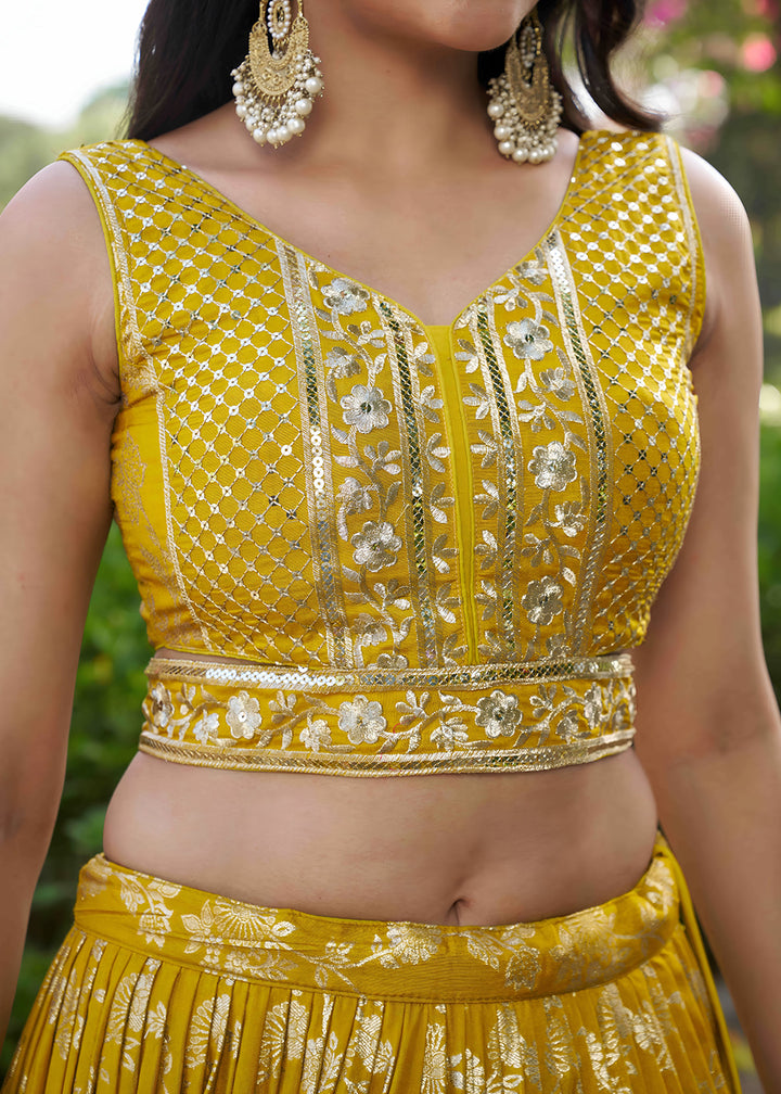 Buy Now Yellow Dola Silk Jacquard Festive Party Lehenga Choli Online in USA, UK, Canada, France, Italy, Germany, Australia, UAE & Worldwide at Empress Clothing.