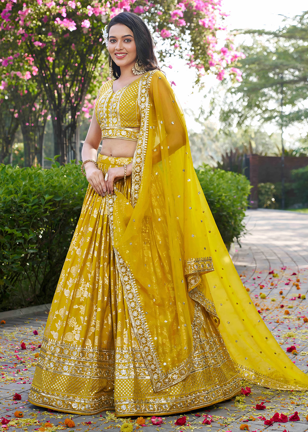 Buy Now Yellow Dola Silk Jacquard Festive Party Lehenga Choli Online in USA, UK, Canada, France, Italy, Germany, Australia, UAE & Worldwide at Empress Clothing.