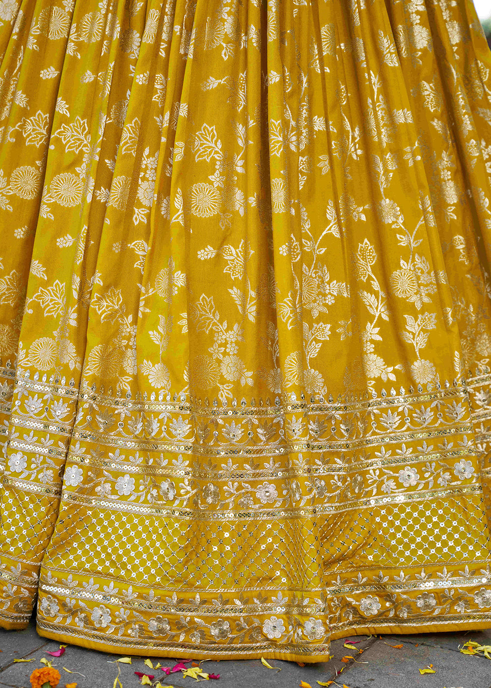 Buy Now Yellow Dola Silk Jacquard Festive Party Lehenga Choli Online in USA, UK, Canada, France, Italy, Germany, Australia, UAE & Worldwide at Empress Clothing.