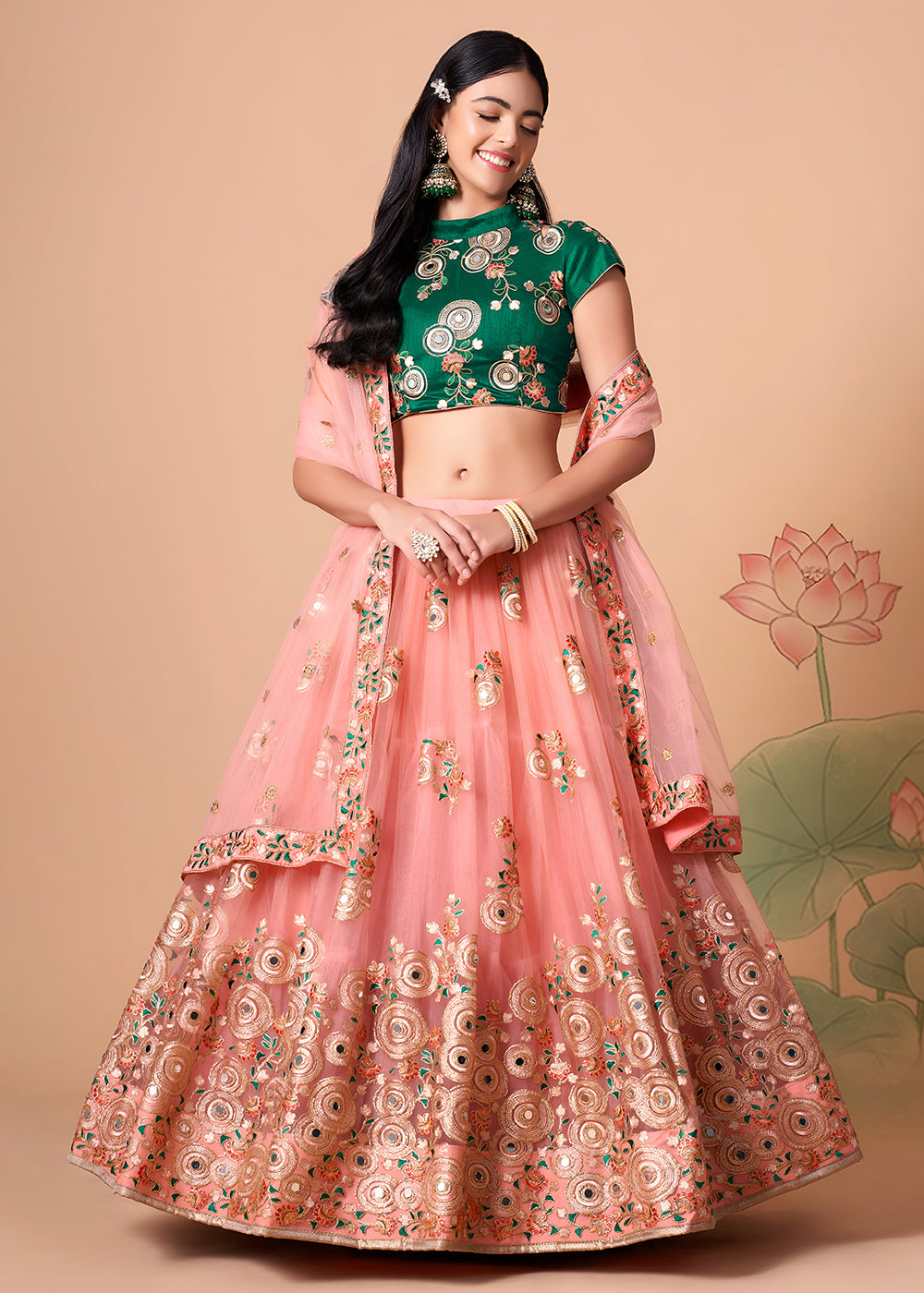 Shop Now Peach &amp; Green Stylish Embroidered A Line Lehenga Choli Online in USA, UK, Canada, France, Germany, Spain, Austria, Sweden, UAE &amp; Worldwide at Empress.
