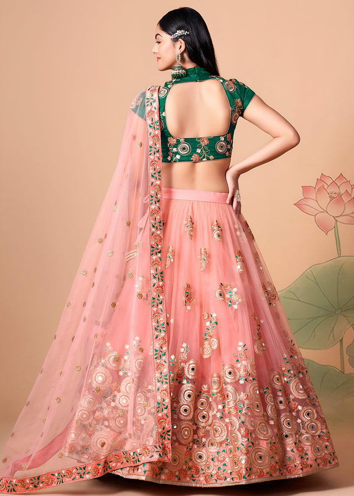 Shop Now Peach &amp; Green Stylish Embroidered A Line Lehenga Choli Online in USA, UK, Canada, France, Germany, Spain, Austria, Sweden, UAE &amp; Worldwide at Empress.