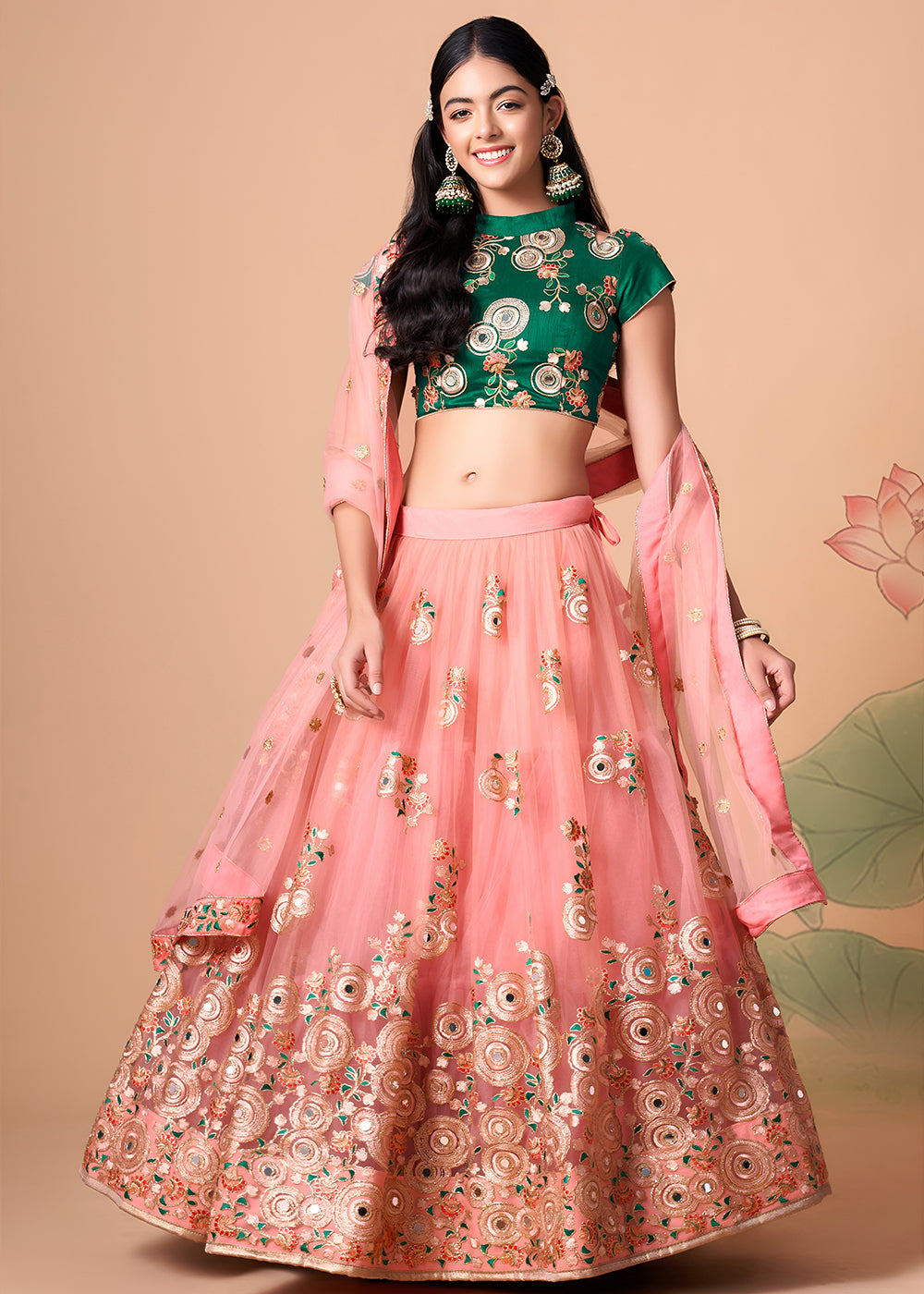 Shop Now Peach &amp; Green Stylish Embroidered A Line Lehenga Choli Online in USA, UK, Canada, France, Germany, Spain, Austria, Sweden, UAE &amp; Worldwide at Empress.