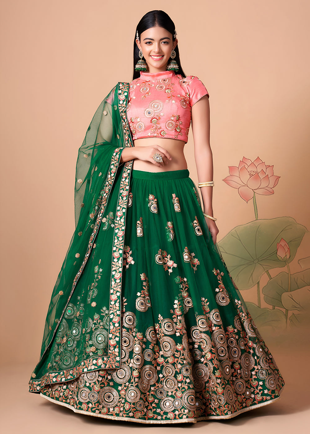 Shop Now Green &amp; Peach Stylish Embroidered A Line Lehenga Choli Online in USA, UK, Canada, France, Germany, Spain, Austria, Sweden, UAE &amp; Worldwide at Empress.