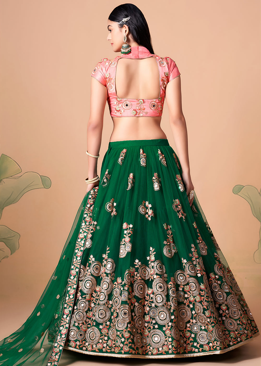 Shop Now Green &amp; Peach Stylish Embroidered A Line Lehenga Choli Online in USA, UK, Canada, France, Germany, Spain, Austria, Sweden, UAE &amp; Worldwide at Empress.
