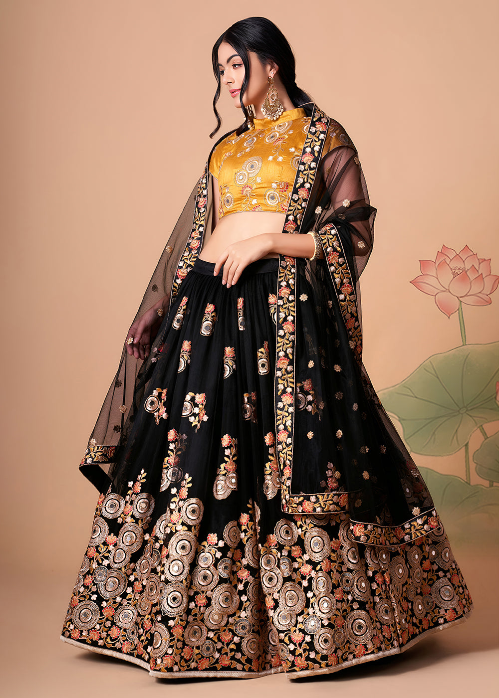 Shop Now Black &amp; Gold Stylish Embroidered A Line Lehenga Choli Online in USA, UK, Canada, France, Germany, Spain, Austria, Sweden, UAE &amp; Worldwide at Empress.