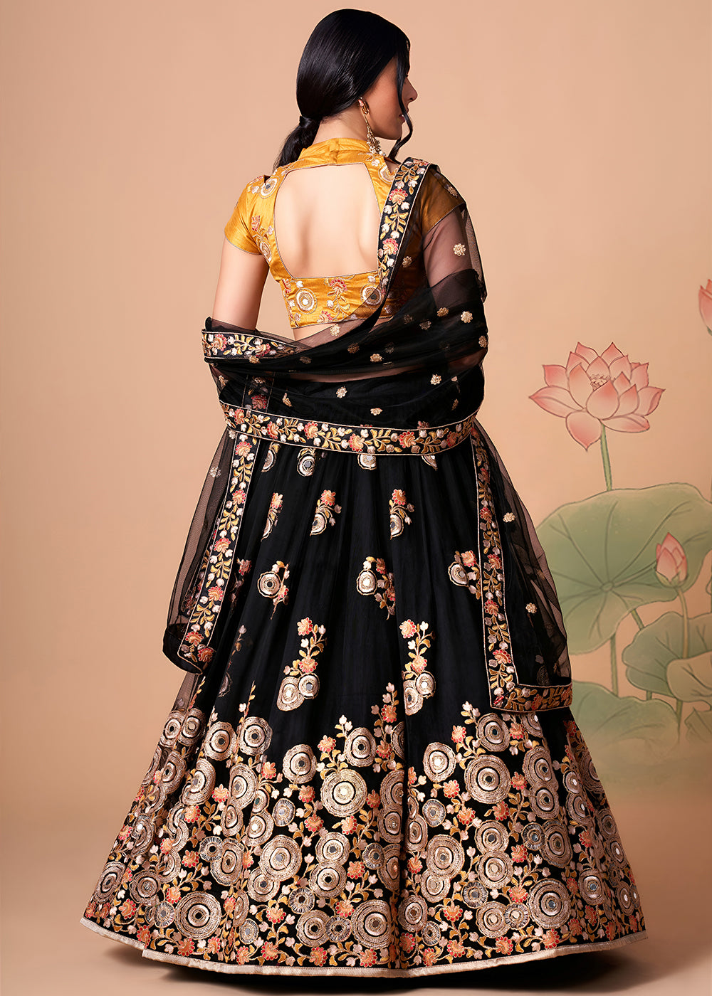 Shop Now Black &amp; Gold Stylish Embroidered A Line Lehenga Choli Online in USA, UK, Canada, France, Germany, Spain, Austria, Sweden, UAE &amp; Worldwide at Empress.