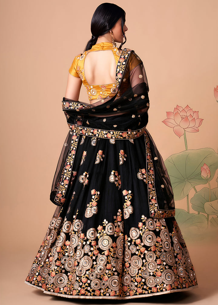 Shop Now Black &amp; Gold Stylish Embroidered A Line Lehenga Choli Online in USA, UK, Canada, France, Germany, Spain, Austria, Sweden, UAE &amp; Worldwide at Empress.