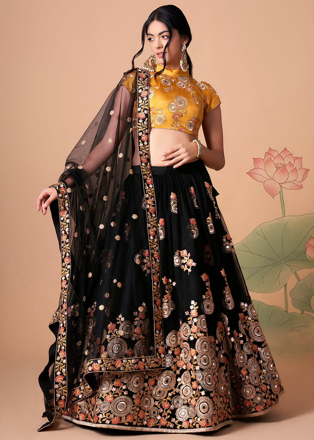 Shop Now Black &amp; Gold Stylish Embroidered A Line Lehenga Choli Online in USA, UK, Canada, France, Germany, Spain, Austria, Sweden, UAE &amp; Worldwide at Empress.