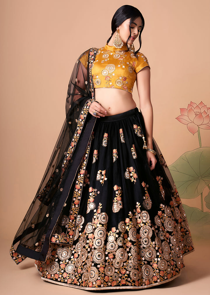Shop Now Black &amp; Gold Stylish Embroidered A Line Lehenga Choli Online in USA, UK, Canada, France, Germany, Spain, Austria, Sweden, UAE &amp; Worldwide at Empress.
