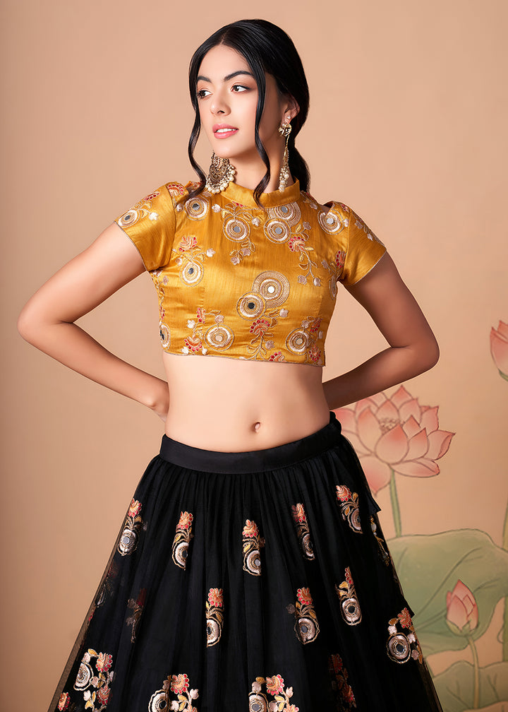 Shop Now Black &amp; Gold Stylish Embroidered A Line Lehenga Choli Online in USA, UK, Canada, France, Germany, Spain, Austria, Sweden, UAE &amp; Worldwide at Empress.