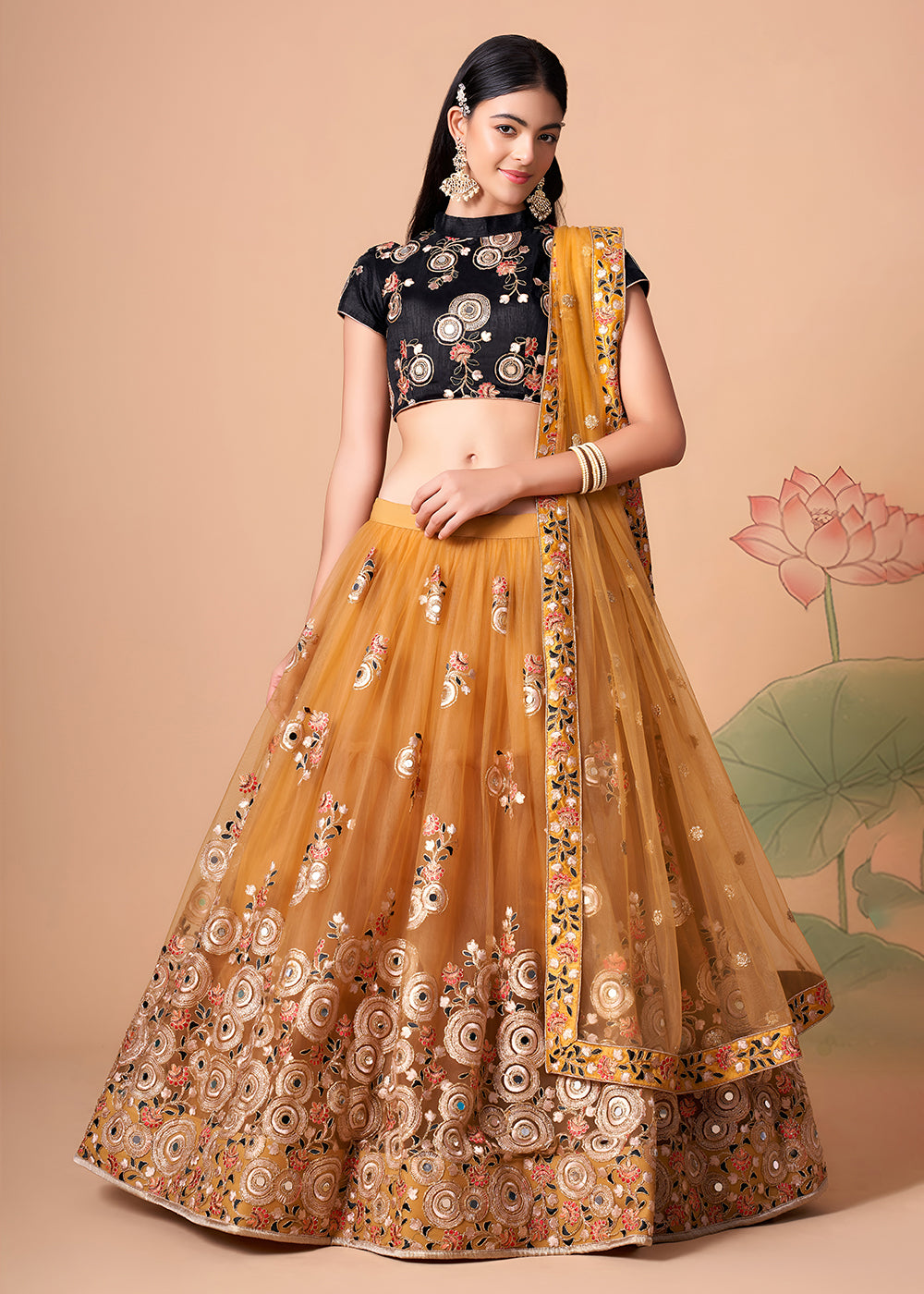 Shop Now Gold &amp; Black Stylish Embroidered A Line Lehenga Choli Online in USA, UK, Canada, France, Germany, Spain, Austria, Sweden, UAE &amp; Worldwide at Empress.