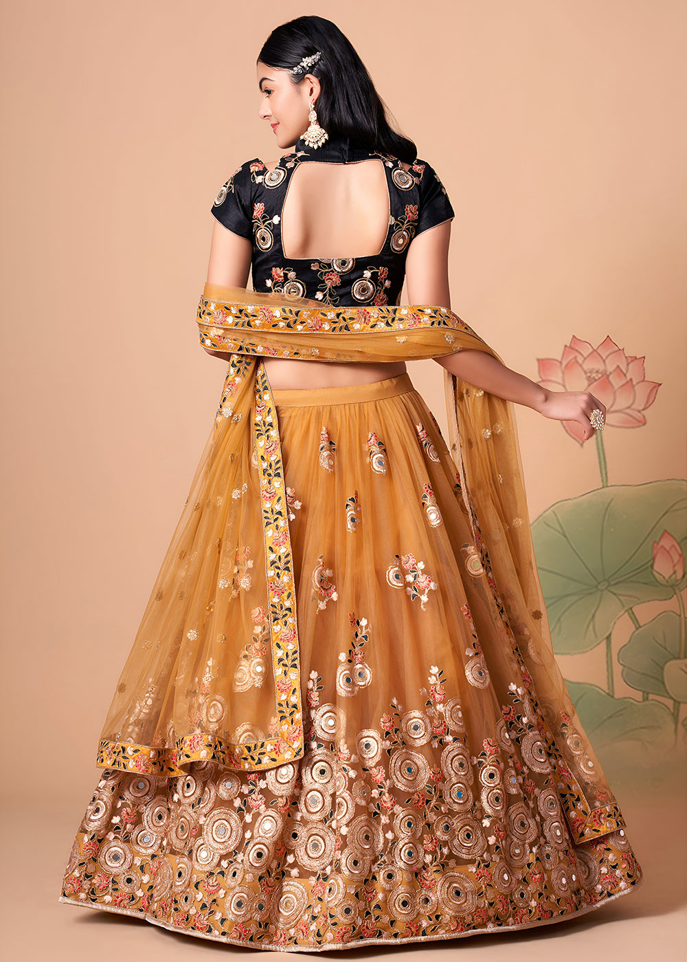 Shop Now Gold &amp; Black Stylish Embroidered A Line Lehenga Choli Online in USA, UK, Canada, France, Germany, Spain, Austria, Sweden, UAE &amp; Worldwide at Empress.