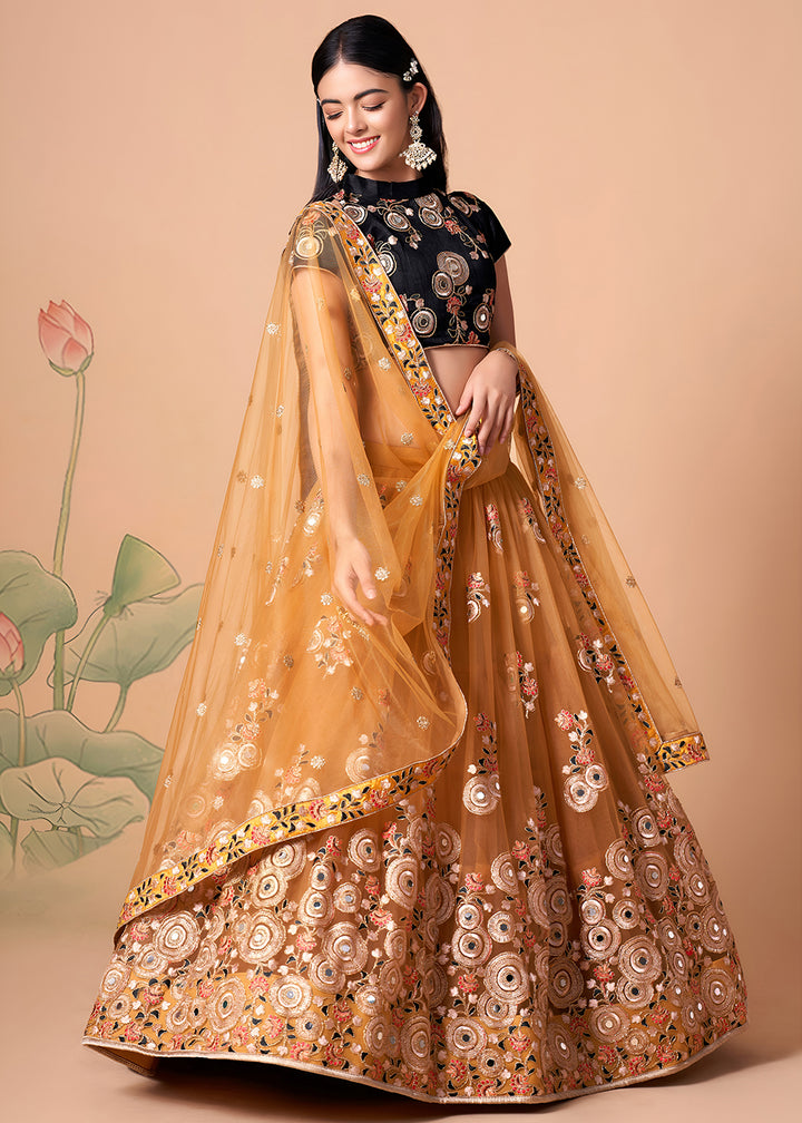 Shop Now Gold &amp; Black Stylish Embroidered A Line Lehenga Choli Online in USA, UK, Canada, France, Germany, Spain, Austria, Sweden, UAE &amp; Worldwide at Empress.