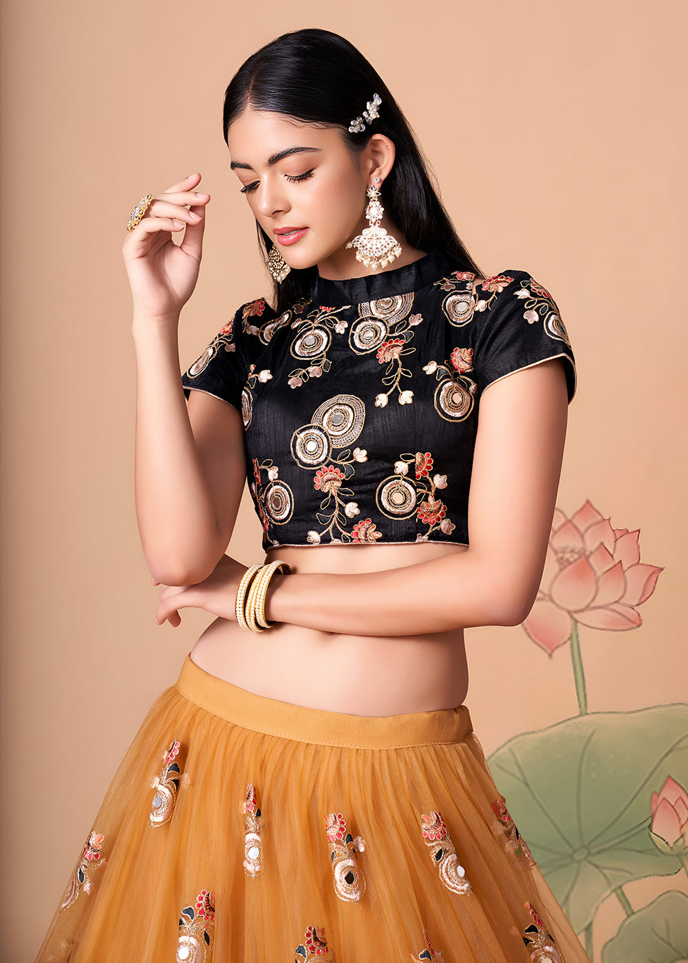 Shop Now Gold &amp; Black Stylish Embroidered A Line Lehenga Choli Online in USA, UK, Canada, France, Germany, Spain, Austria, Sweden, UAE &amp; Worldwide at Empress.