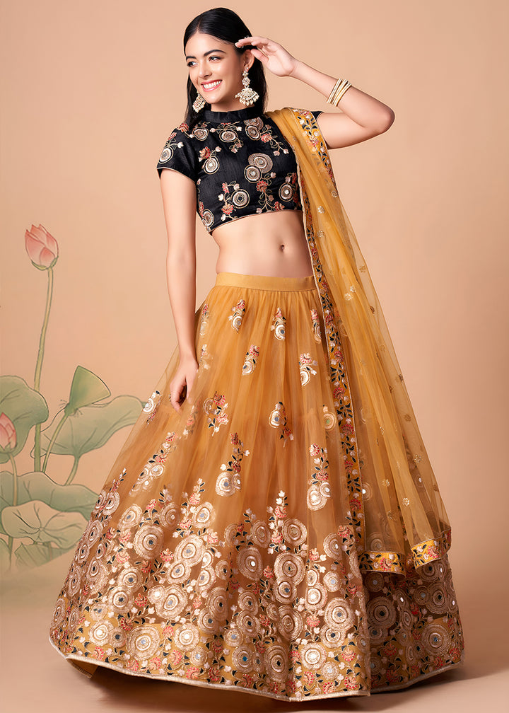 Shop Now Gold &amp; Black Stylish Embroidered A Line Lehenga Choli Online in USA, UK, Canada, France, Germany, Spain, Austria, Sweden, UAE &amp; Worldwide at Empress.