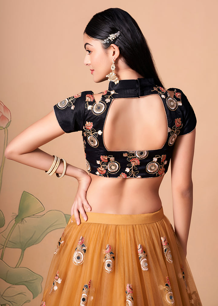 Shop Now Gold &amp; Black Stylish Embroidered A Line Lehenga Choli Online in USA, UK, Canada, France, Germany, Spain, Austria, Sweden, UAE &amp; Worldwide at Empress.