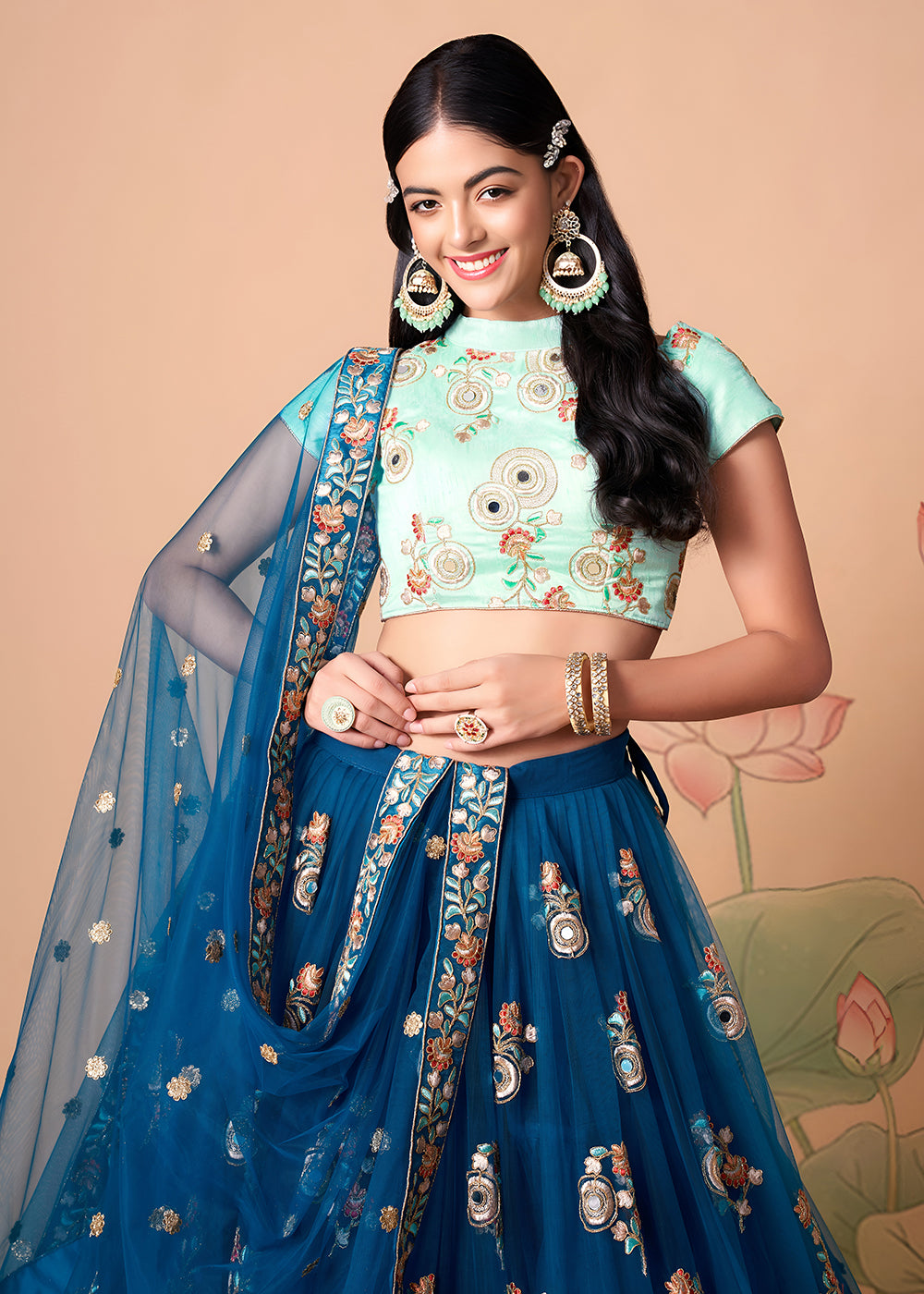 Shop Now Blue &amp; Sky Stylish Embroidered A Line Lehenga Choli Online in USA, UK, Canada, France, Germany, Spain, Austria, Sweden, UAE &amp; Worldwide at Empress.