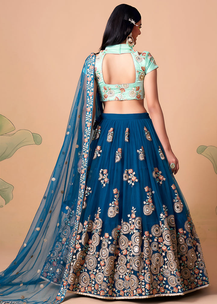 Shop Now Blue &amp; Sky Stylish Embroidered A Line Lehenga Choli Online in USA, UK, Canada, France, Germany, Spain, Austria, Sweden, UAE &amp; Worldwide at Empress.