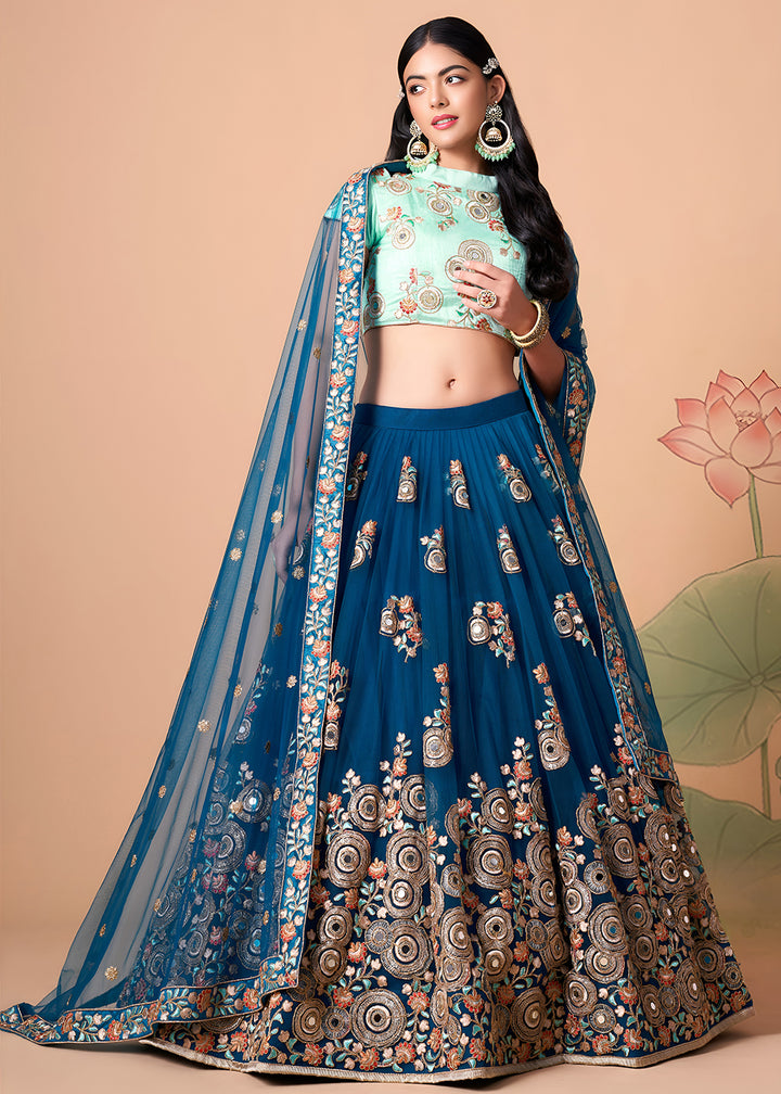 Shop Now Blue &amp; Sky Stylish Embroidered A Line Lehenga Choli Online in USA, UK, Canada, France, Germany, Spain, Austria, Sweden, UAE &amp; Worldwide at Empress.