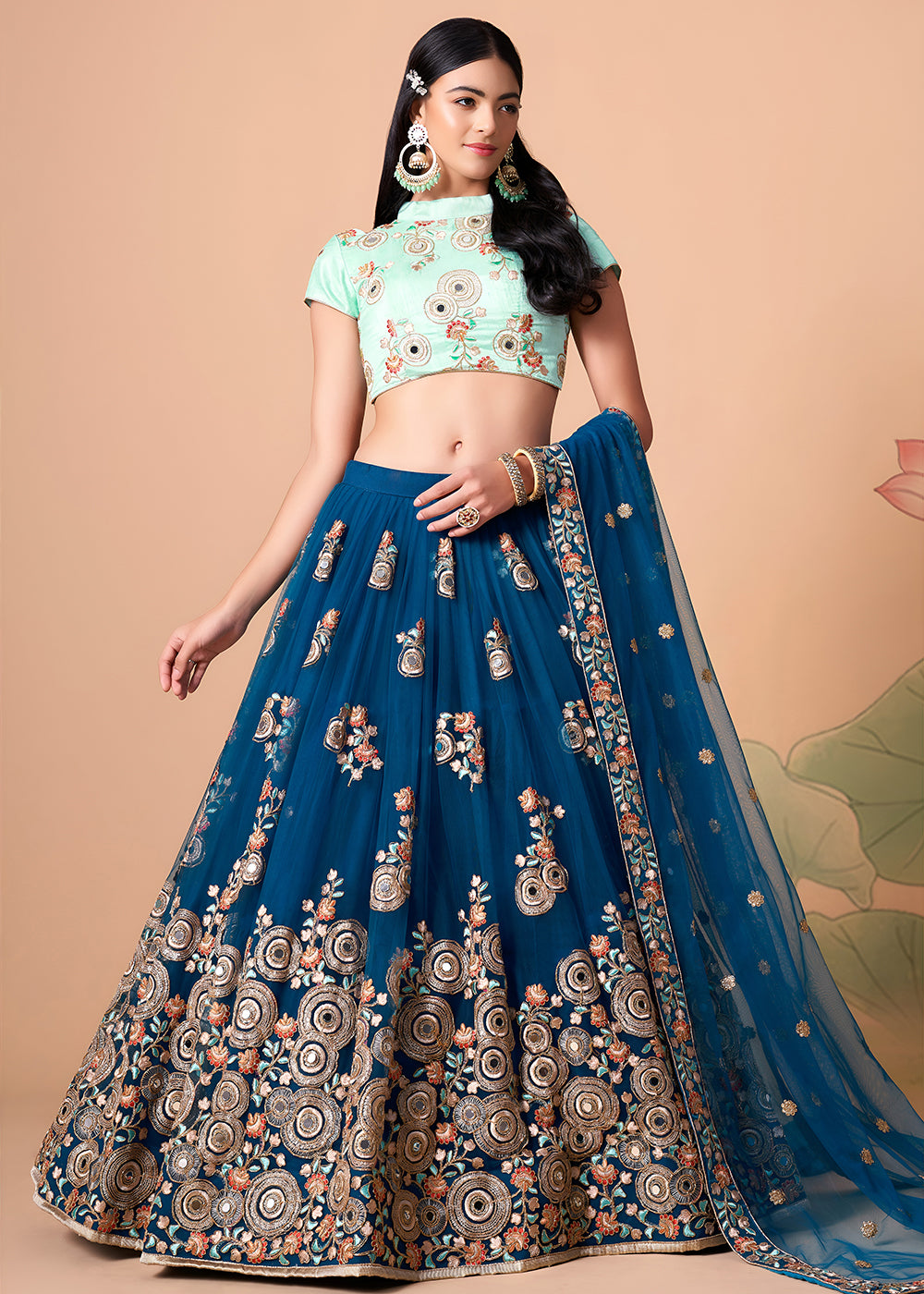 Shop Now Blue &amp; Sky Stylish Embroidered A Line Lehenga Choli Online in USA, UK, Canada, France, Germany, Spain, Austria, Sweden, UAE &amp; Worldwide at Empress.