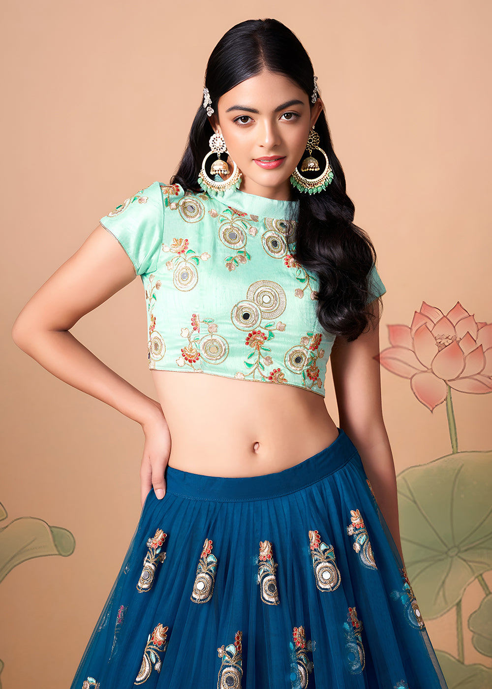 Shop Now Blue &amp; Sky Stylish Embroidered A Line Lehenga Choli Online in USA, UK, Canada, France, Germany, Spain, Austria, Sweden, UAE &amp; Worldwide at Empress.