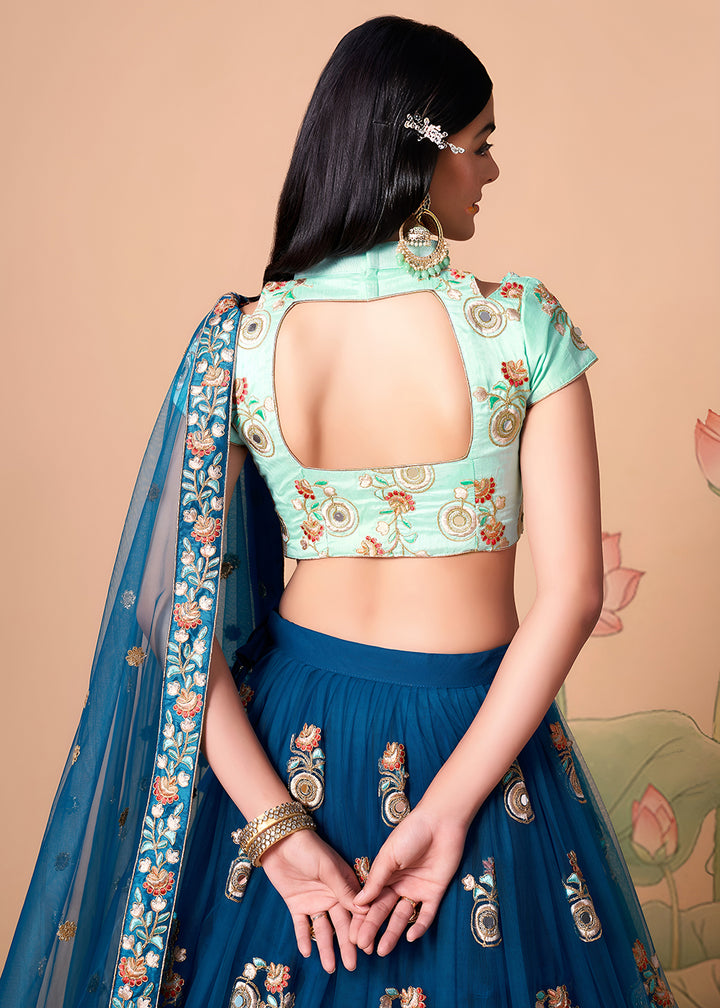 Shop Now Blue &amp; Sky Stylish Embroidered A Line Lehenga Choli Online in USA, UK, Canada, France, Germany, Spain, Austria, Sweden, UAE &amp; Worldwide at Empress.