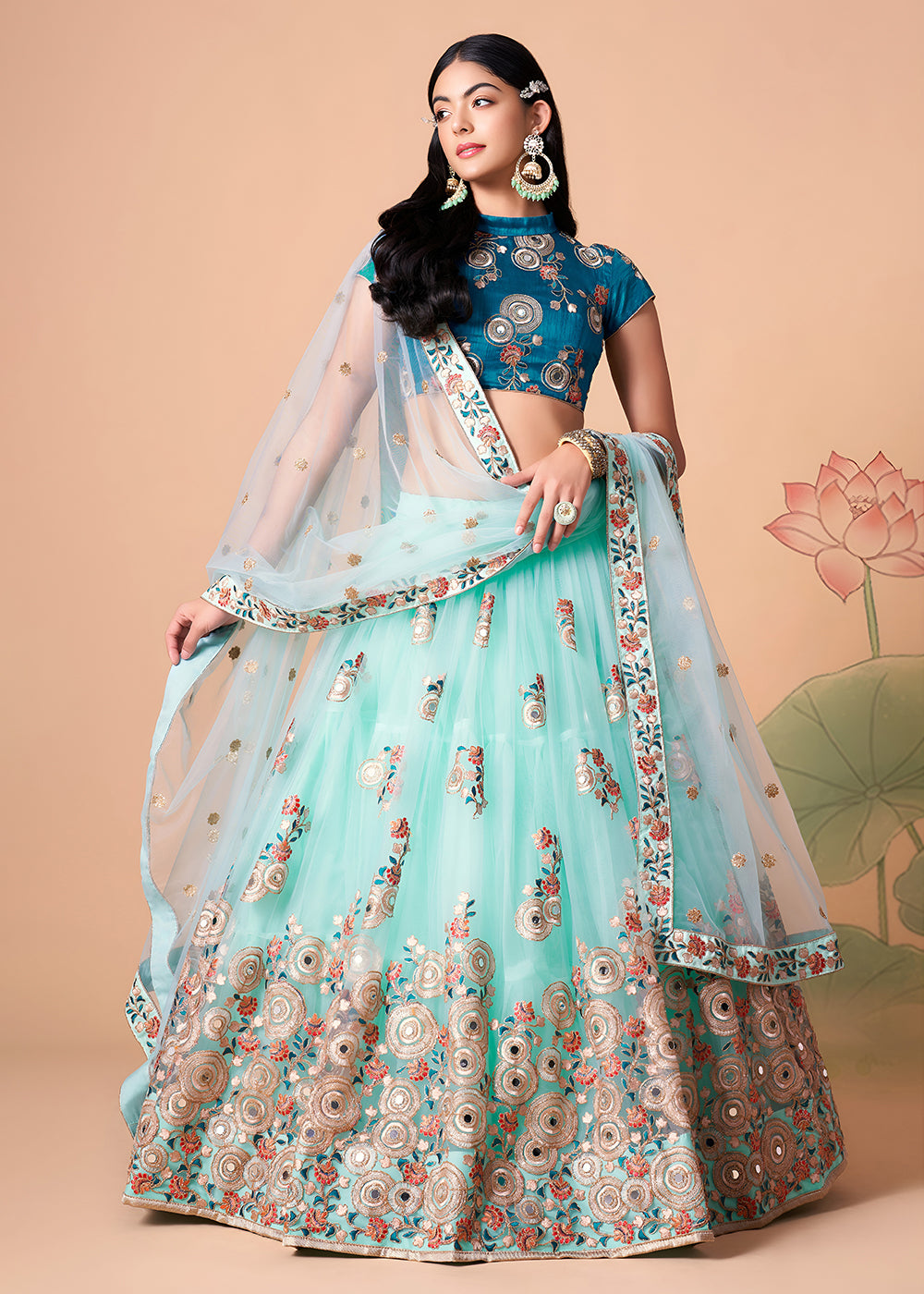 Shop Now Sky &amp; Blue Stylish Embroidered A Line Lehenga Choli Online in USA, UK, Canada, France, Germany, Spain, Austria, Sweden, UAE &amp; Worldwide at Empress.