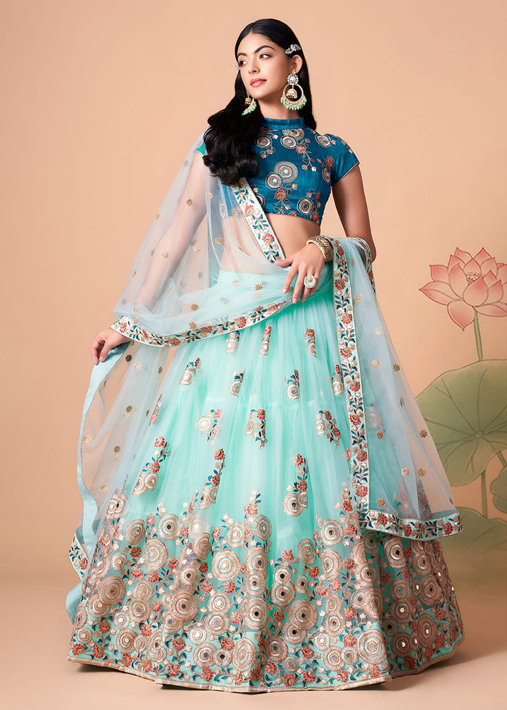 Shop Now Sky &amp; Blue Stylish Embroidered A Line Lehenga Choli Online in USA, UK, Canada, France, Germany, Spain, Austria, Sweden, UAE &amp; Worldwide at Empress.