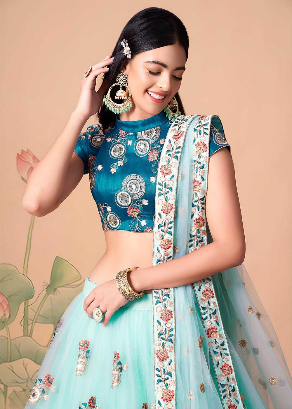 Shop Now Sky & Blue Stylish Embroidered A Line Lehenga Choli Online in USA, UK, Canada, France, Germany, Spain, Austria, Sweden, UAE & Worldwide at Empress.