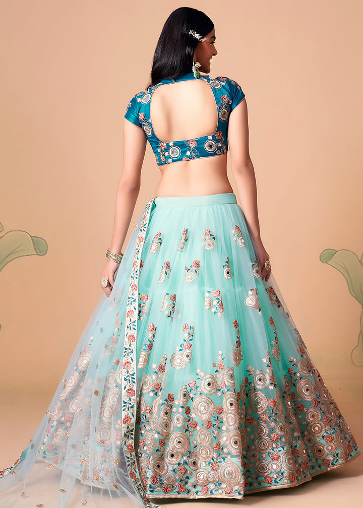 Shop Now Sky &amp; Blue Stylish Embroidered A Line Lehenga Choli Online in USA, UK, Canada, France, Germany, Spain, Austria, Sweden, UAE &amp; Worldwide at Empress.