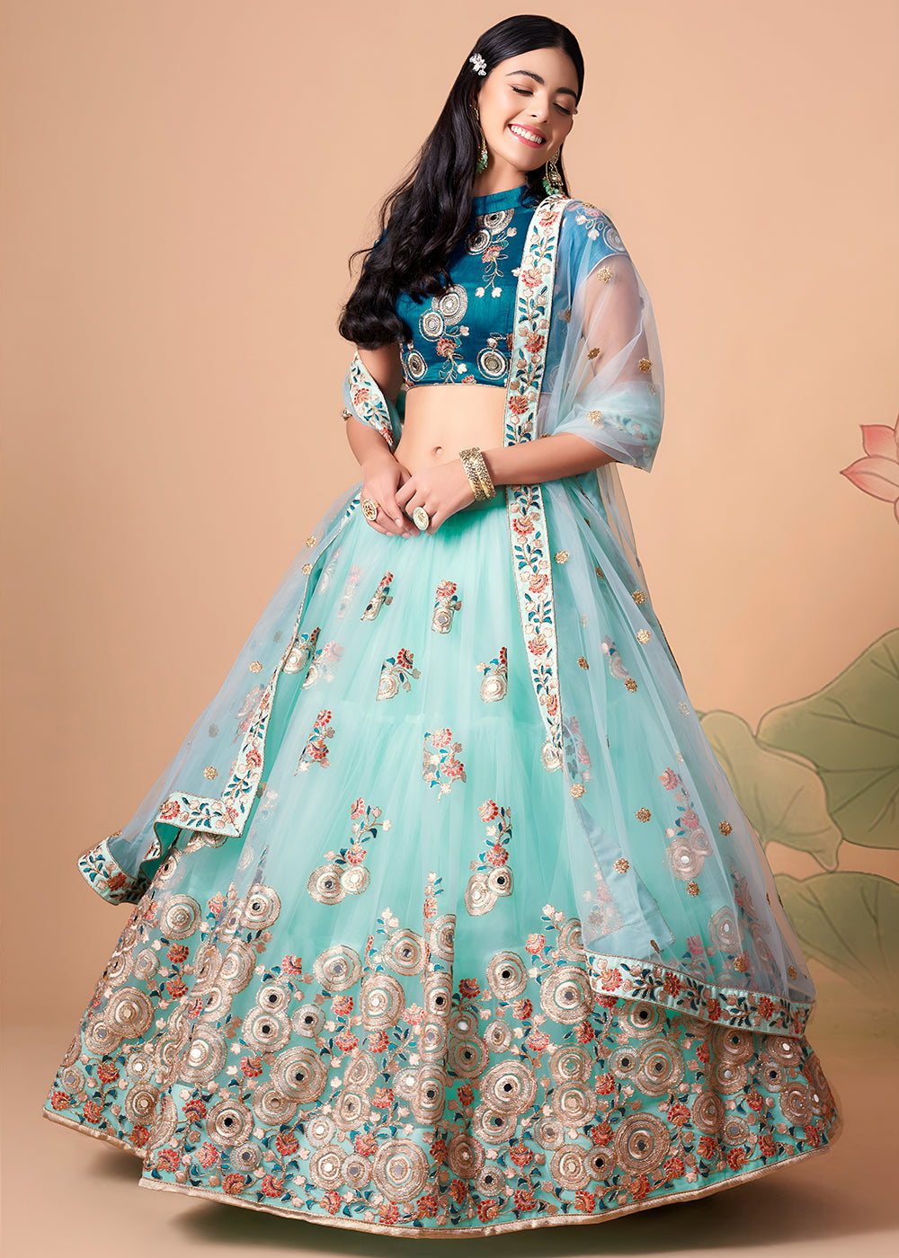 Shop Now Sky &amp; Blue Stylish Embroidered A Line Lehenga Choli Online in USA, UK, Canada, France, Germany, Spain, Austria, Sweden, UAE &amp; Worldwide at Empress.
