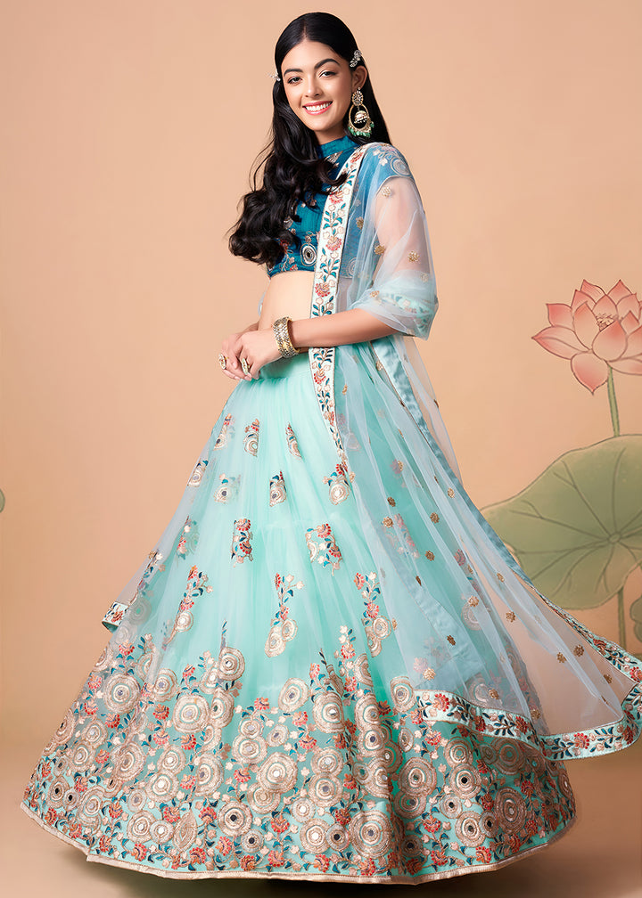 Shop Now Sky &amp; Blue Stylish Embroidered A Line Lehenga Choli Online in USA, UK, Canada, France, Germany, Spain, Austria, Sweden, UAE &amp; Worldwide at Empress.