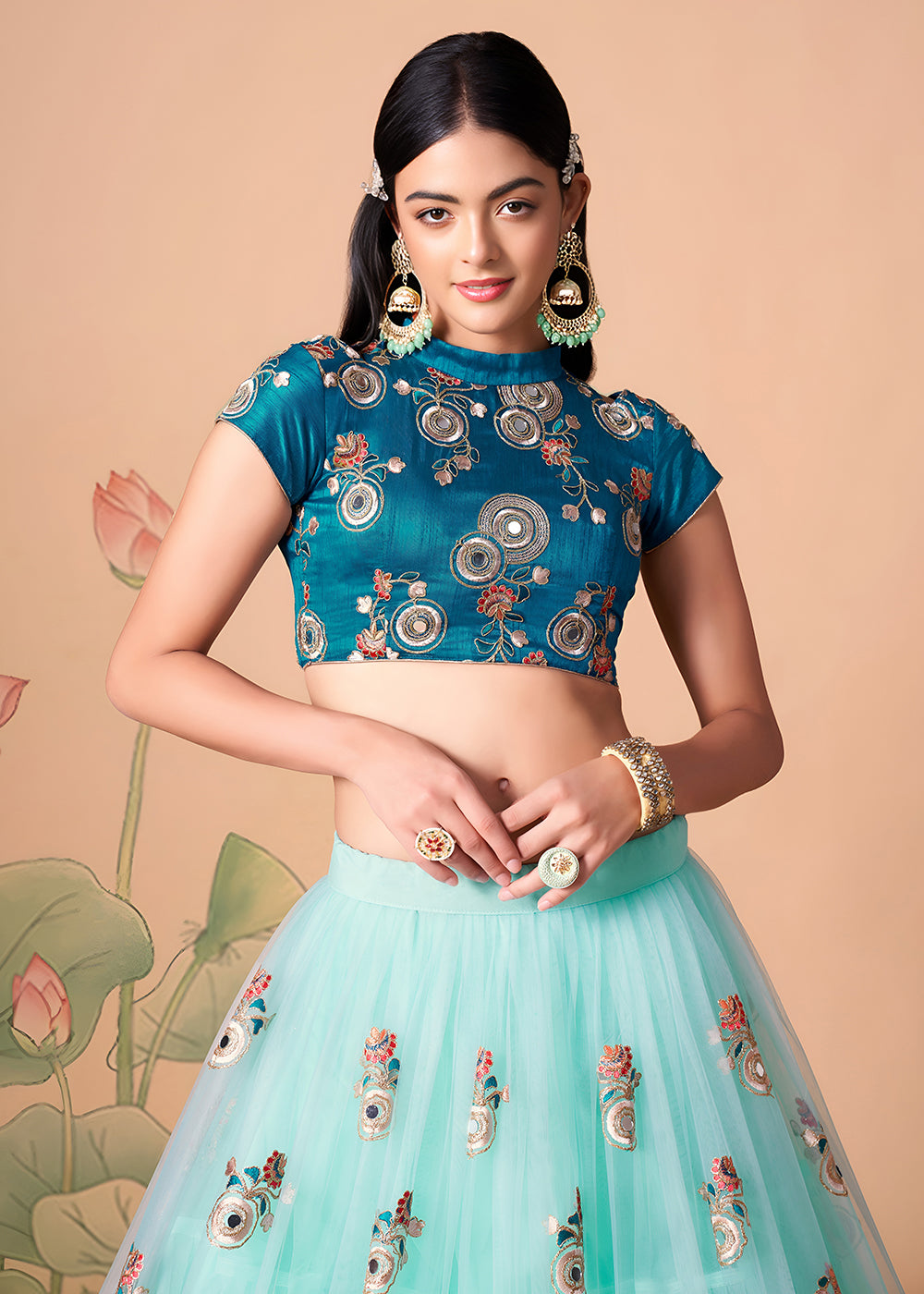 Shop Now Sky &amp; Blue Stylish Embroidered A Line Lehenga Choli Online in USA, UK, Canada, France, Germany, Spain, Austria, Sweden, UAE &amp; Worldwide at Empress.