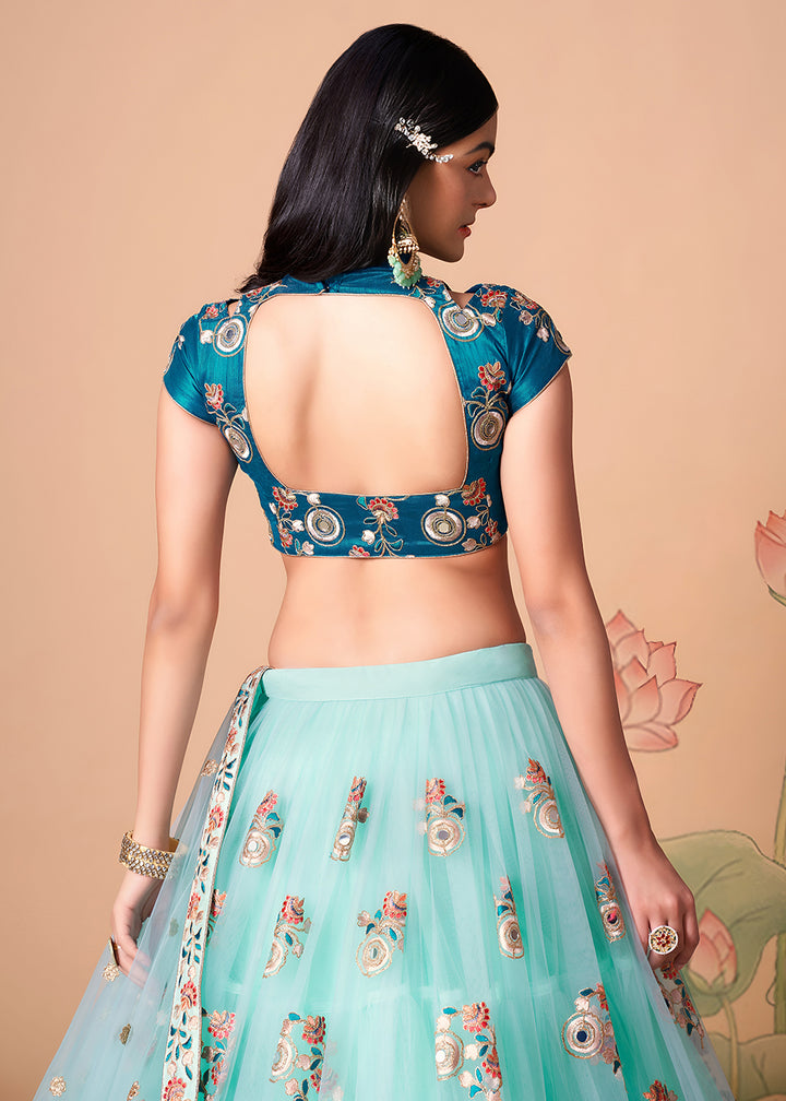 Shop Now Sky &amp; Blue Stylish Embroidered A Line Lehenga Choli Online in USA, UK, Canada, France, Germany, Spain, Austria, Sweden, UAE &amp; Worldwide at Empress.