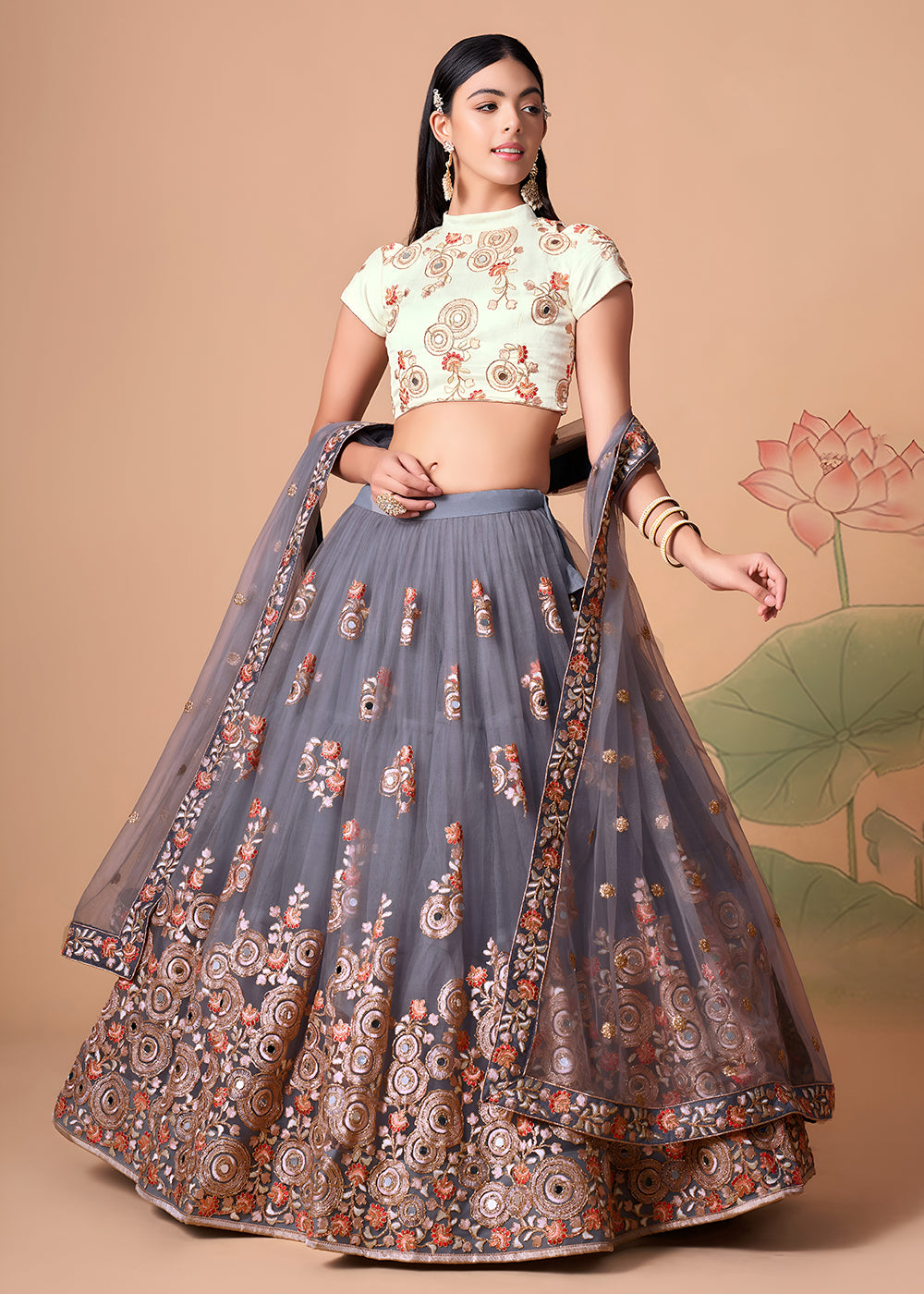 Shop Now Grey &amp; Off White Stylish Embroidered A Line Lehenga Choli Online in USA, UK, Canada, France, Germany, Spain, Austria, Sweden, UAE &amp; Worldwide at Empress.