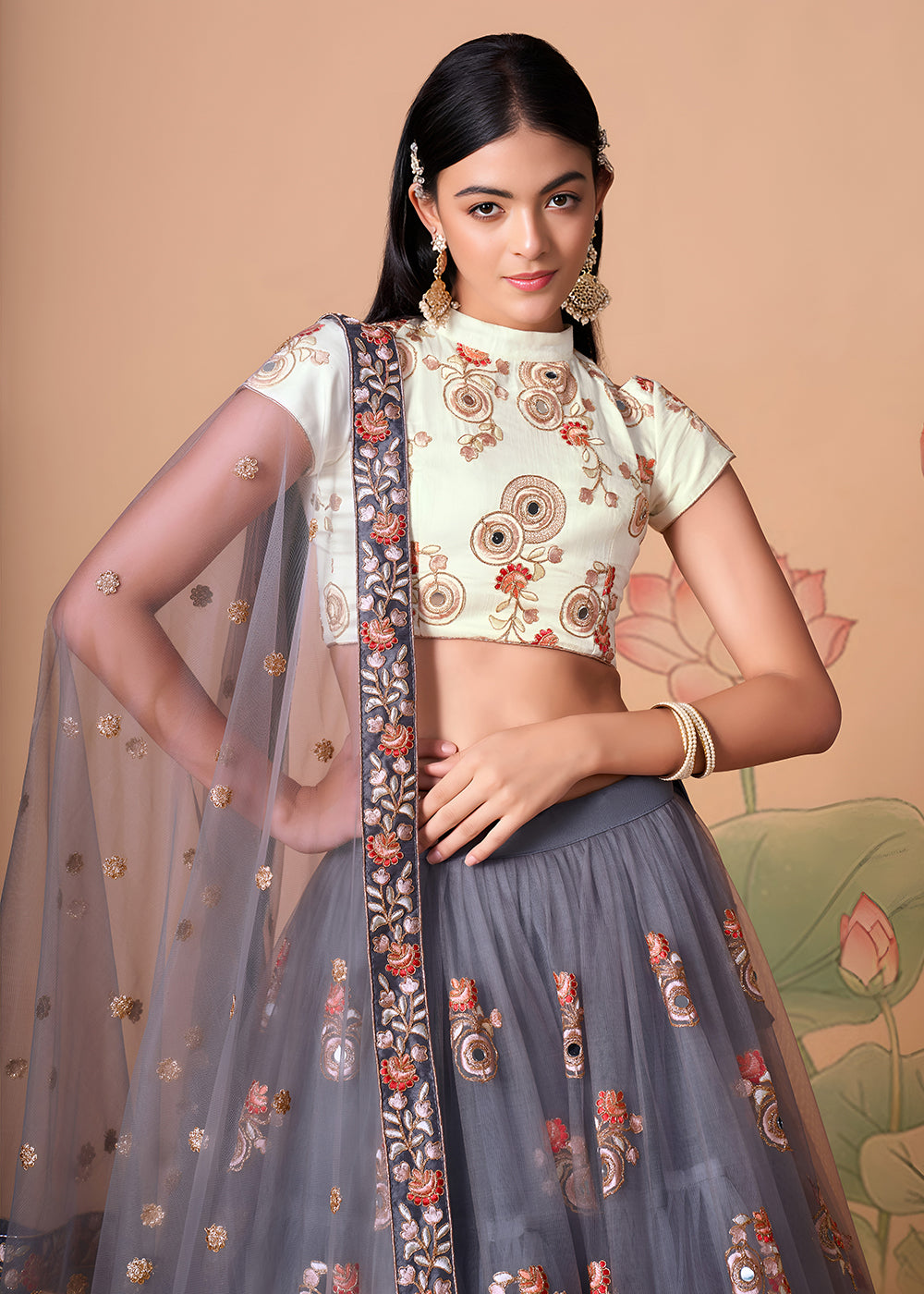 Shop Now Grey &amp; Off White Stylish Embroidered A Line Lehenga Choli Online in USA, UK, Canada, France, Germany, Spain, Austria, Sweden, UAE &amp; Worldwide at Empress.