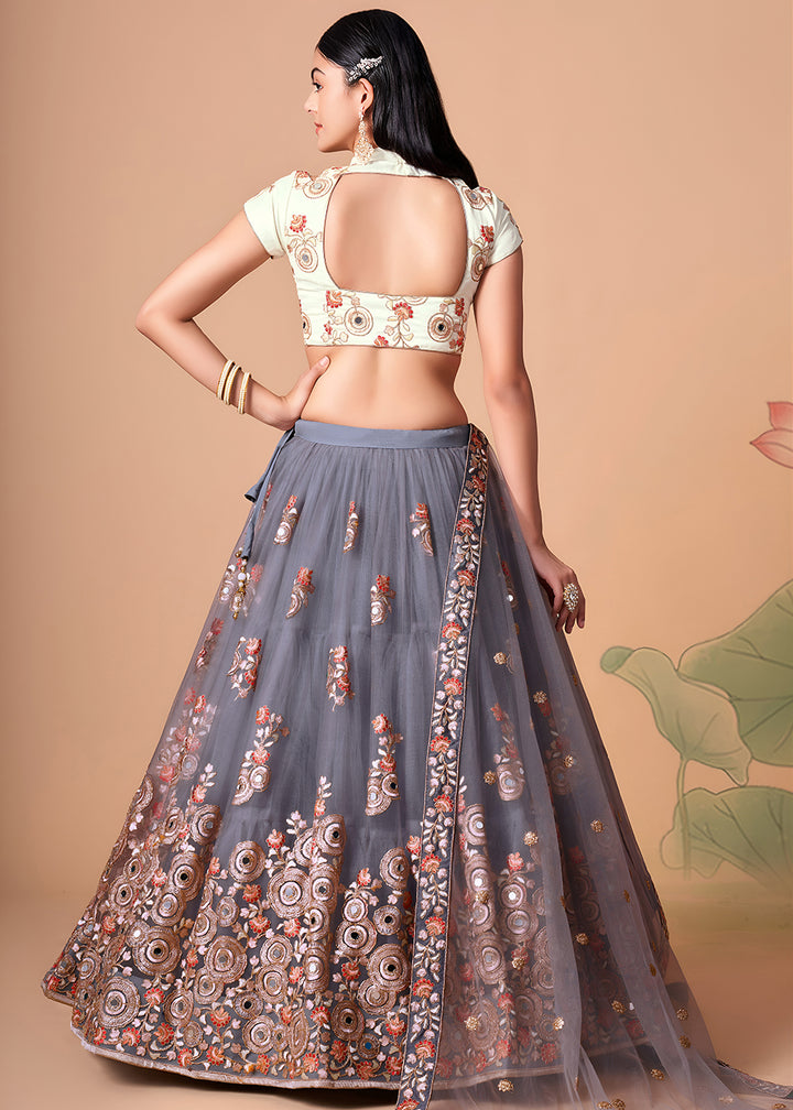 Shop Now Grey &amp; Off White Stylish Embroidered A Line Lehenga Choli Online in USA, UK, Canada, France, Germany, Spain, Austria, Sweden, UAE &amp; Worldwide at Empress.