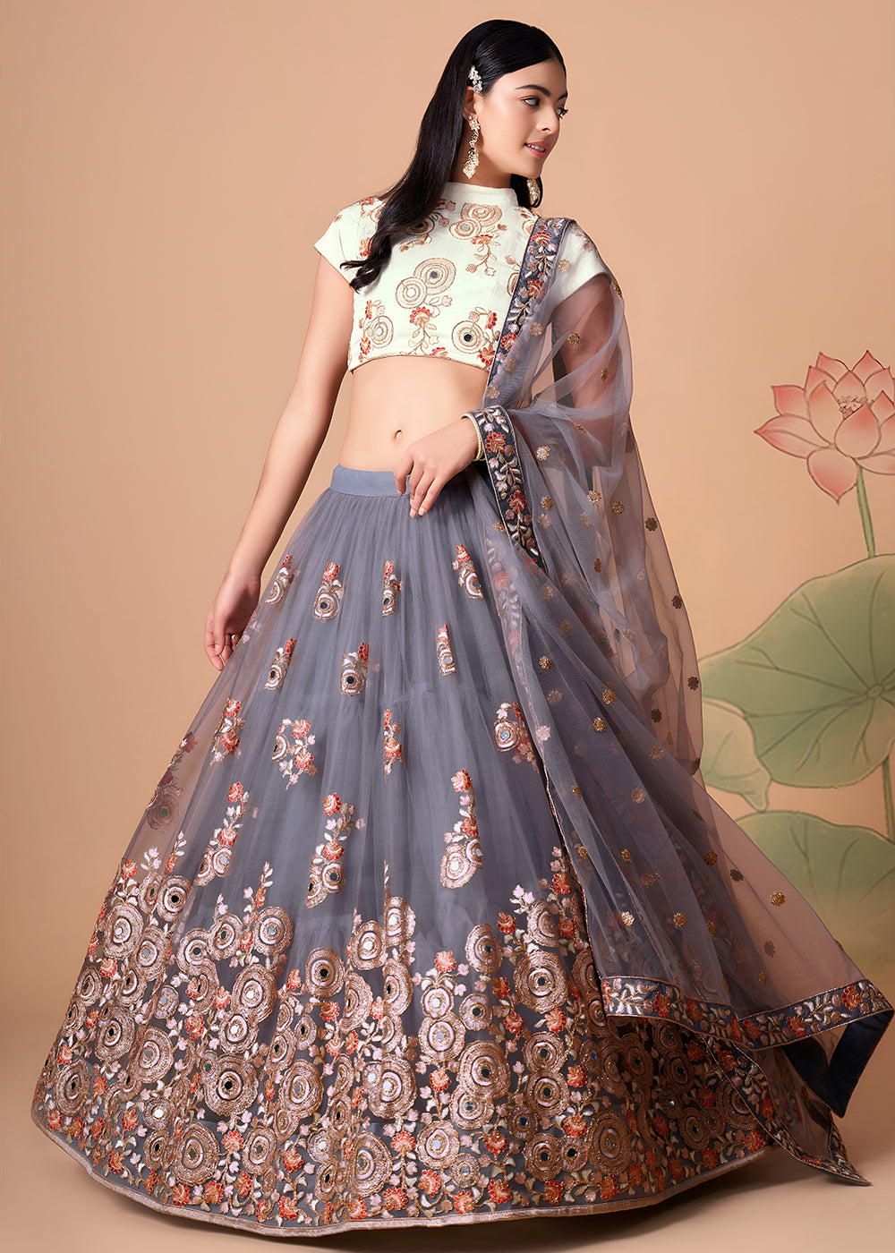 Shop Now Grey &amp; Off White Stylish Embroidered A Line Lehenga Choli Online in USA, UK, Canada, France, Germany, Spain, Austria, Sweden, UAE &amp; Worldwide at Empress.