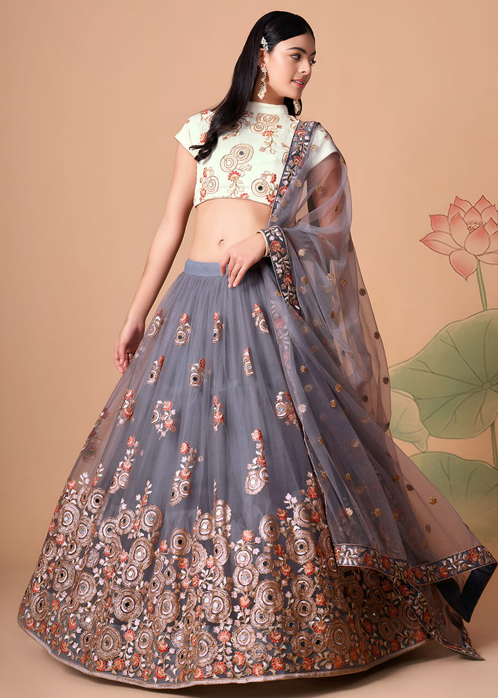 Shop Now Grey &amp; Off White Stylish Embroidered A Line Lehenga Choli Online in USA, UK, Canada, France, Germany, Spain, Austria, Sweden, UAE &amp; Worldwide at Empress.