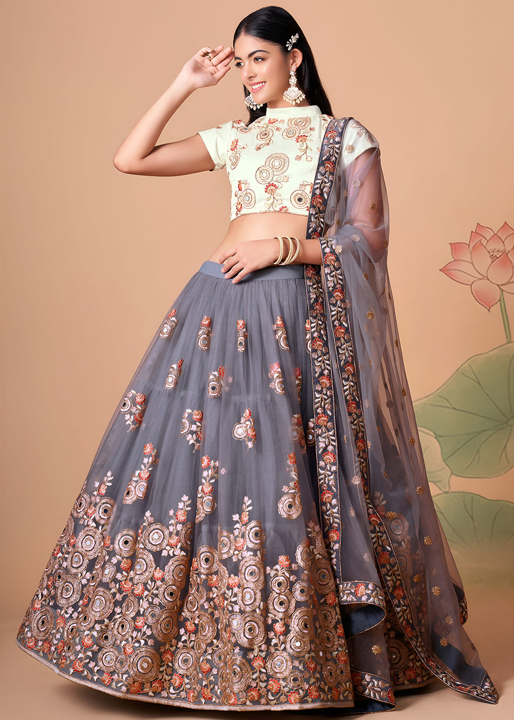 Shop Now Grey &amp; Off White Stylish Embroidered A Line Lehenga Choli Online in USA, UK, Canada, France, Germany, Spain, Austria, Sweden, UAE &amp; Worldwide at Empress.