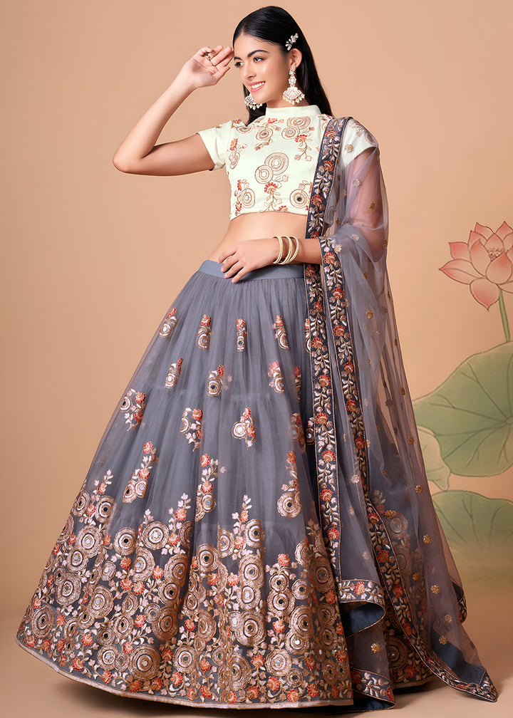 Shop Now Grey &amp; Off White Stylish Embroidered A Line Lehenga Choli Online in USA, UK, Canada, France, Germany, Spain, Austria, Sweden, UAE &amp; Worldwide at Empress.