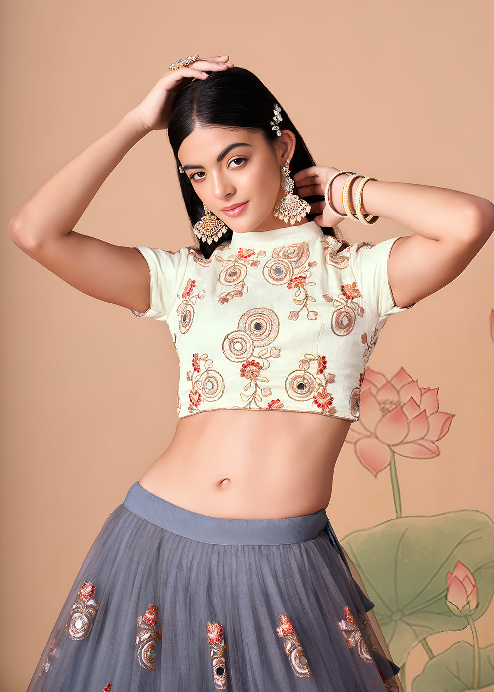 Shop Now Grey &amp; Off White Stylish Embroidered A Line Lehenga Choli Online in USA, UK, Canada, France, Germany, Spain, Austria, Sweden, UAE &amp; Worldwide at Empress.