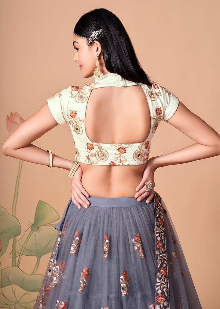 Shop Now Grey &amp; Off White Stylish Embroidered A Line Lehenga Choli Online in USA, UK, Canada, France, Germany, Spain, Austria, Sweden, UAE &amp; Worldwide at Empress.