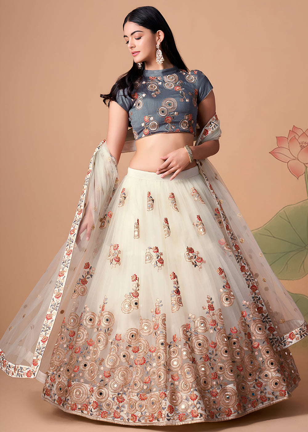 Shop Now Off White &amp; Grey Stylish Embroidered A Line Lehenga Choli Online in USA, UK, Canada, France, Germany, Spain, Austria, Sweden, UAE &amp; Worldwide at Empress.