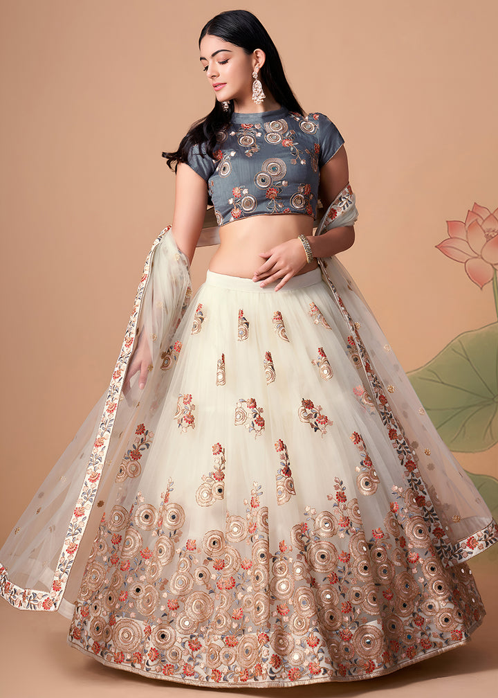 Shop Now Off White &amp; Grey Stylish Embroidered A Line Lehenga Choli Online in USA, UK, Canada, France, Germany, Spain, Austria, Sweden, UAE &amp; Worldwide at Empress.