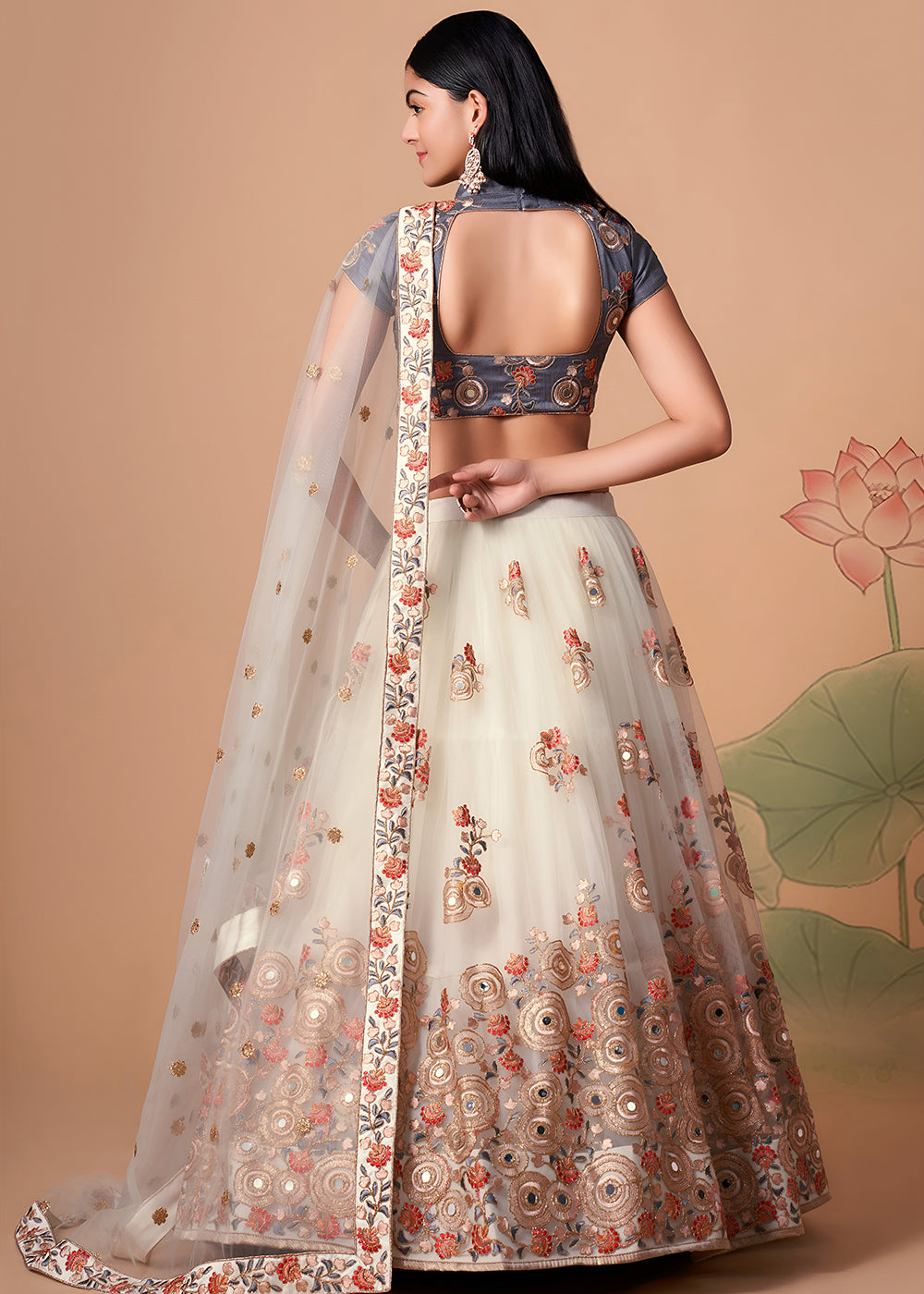 Shop Now Off White &amp; Grey Stylish Embroidered A Line Lehenga Choli Online in USA, UK, Canada, France, Germany, Spain, Austria, Sweden, UAE &amp; Worldwide at Empress.