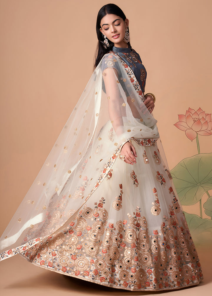 Shop Now Off White &amp; Grey Stylish Embroidered A Line Lehenga Choli Online in USA, UK, Canada, France, Germany, Spain, Austria, Sweden, UAE &amp; Worldwide at Empress.