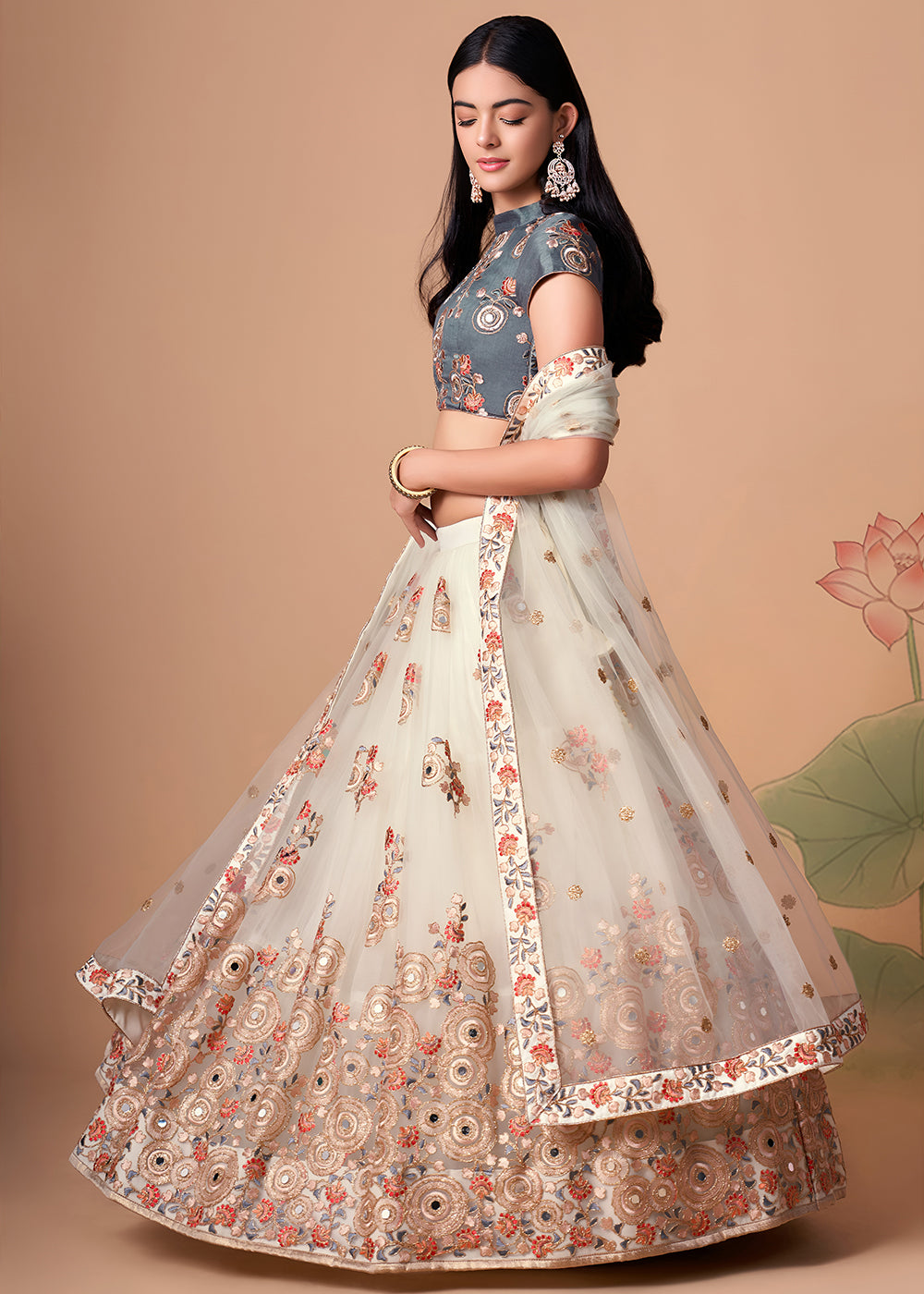 Shop Now Off White &amp; Grey Stylish Embroidered A Line Lehenga Choli Online in USA, UK, Canada, France, Germany, Spain, Austria, Sweden, UAE &amp; Worldwide at Empress.